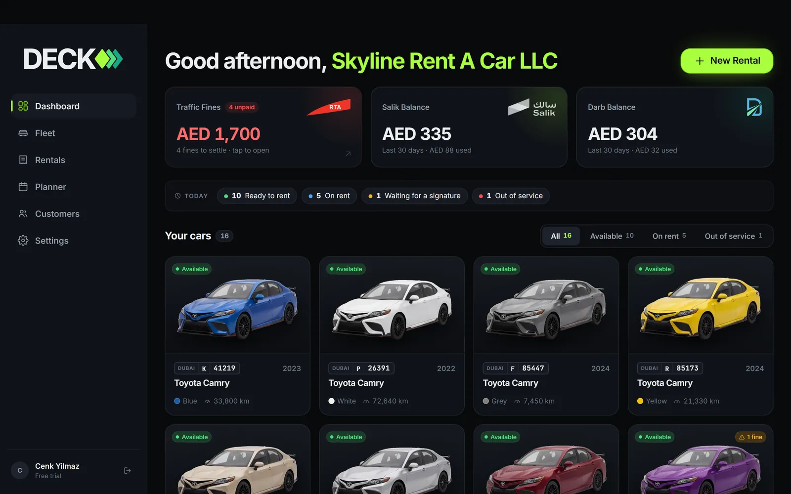 The DECK dashboard showing unpaid traffic fines, a Salik balance, a Darb balance and the fleet below.