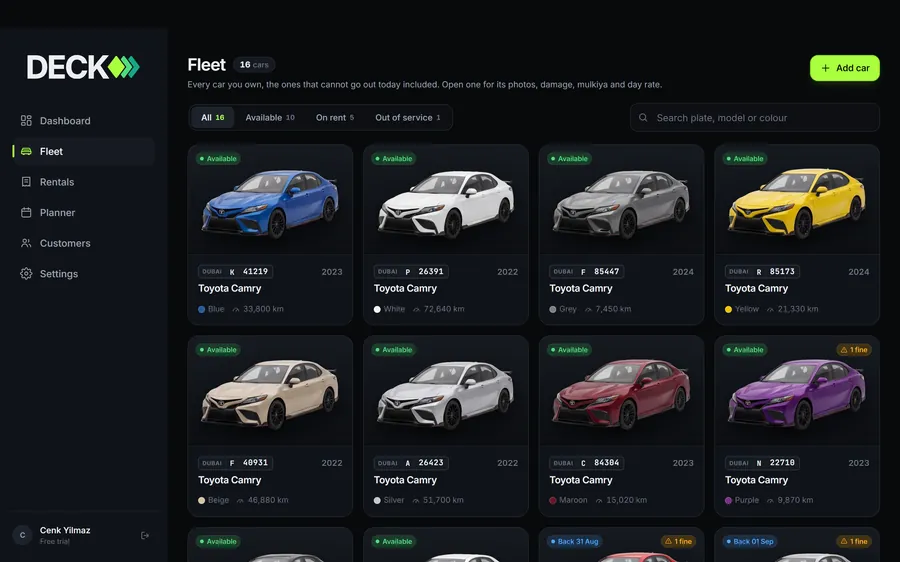The DECK fleet screen showing every car with its plate, status and mileage.